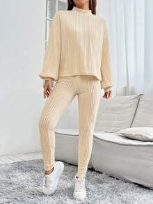 SHEIN PETITE Mock Neck Drop Shoulder Tee & Leggings - Khaki - View 4