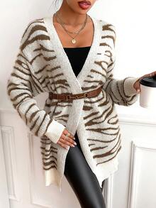 SHEIN LUNE Áo khoác cardigan trễ vai họa tiết sọc ngựa vằn không có thắt lưng - Nhiều màu - Xem 6