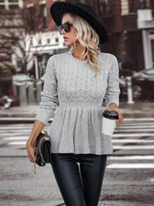 SHEIN Clasi 素色麻花編織荷葉邊下擺套頭毛衣 - 灰色 - 查看 5