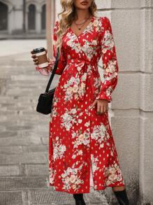 SHEIN VCAY 印花荷葉袖繫腰帶洋裝 - 紅色 - 查看 4