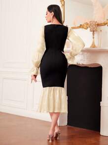 Modelyn Colorblock Flare Sleeve Mermaid Hem Dress Without Belt
