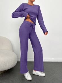 Cloudara Solid Tee & Drawstring Waist Pants - Purple - View 5