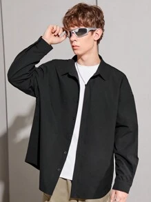 SHEIN Thiếu niên con trai Chất rắn Nút phía trước Áo sơ mi - màu đen - Xem 5