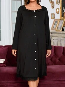 大尺碼女性鈕扣前方花邊睡衣連衣裙 - 黑色 - 查看 4