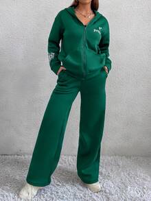 SHEIN Unity Letter Graphic Drop Shoulder Hoodie & Sweatpants - Green - View 4