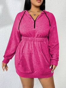 Flirla Plus Kangaroo Pocket Drop Shoulder Drawstring Hooded Sweatshirt Dress - Hot Pink - View 4