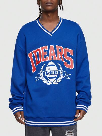 Prep Homme Sweat-shirt À Lettres À Ourlet À Rayures Épaule tombante