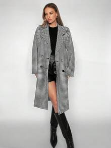 BizChic Của phụ nữ Họa tiết Nanh sói DOUBLE-BREASTED Len áo - Đen và trắng - Xem 4