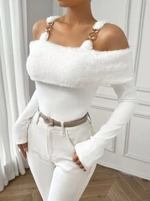 SHEIN Privé 鏈條細節挖肩T恤 - 白色 - 查看 3