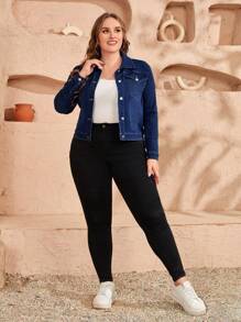 EMERY ROSE Chaqueta de mezclilla elegante con botones y bolsillo volteado para tallas grandes - Azul lavado oscuro - Ver 4