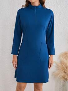 SHEIN LUNE Ziper Do Quarto Ajuste Solto Vestido Com Double Bolsos - Azul - Visão 4
