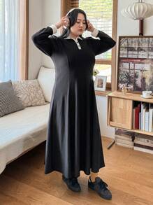 Dazy Plus Vestido Con Cuello De Polo Con Detalles De Contraste - Negro - Ver 11