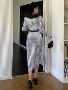 Dazy Star 女士格紋彼得潘領長袖連衣裙