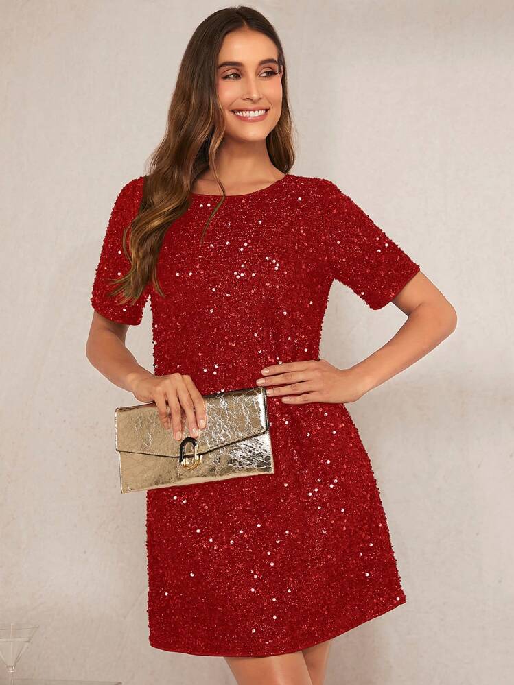 SHEIN Clasi 亮片裝飾直筒洋裝 - 酒紅色 - 查看 4