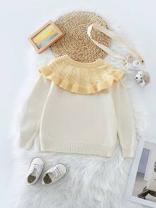 SHEIN Áo len cổ Peter Pan họa tiết khối màu bất đối xứng cho bé gái mùa thu đông - Màu be - Xem 2