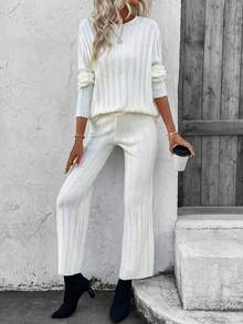 SHEIN LUNE Thả vai Áo len & Quần dệt kim - Màu be - Xem 6