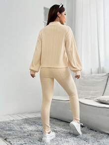 SHEIN PETITE Mock Neck Drop Shoulder Tee & Leggings - Khaki - View 2