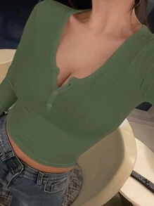 DAZY 純色v領長袖t恤 - 軍綠色 - 查看 1