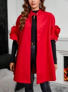 SHEIN Clasi Ruffle Trim Batwing Sleeve Open Front Overcoat - Red - View 4