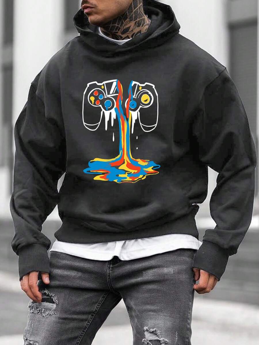 Nam Điều khiển tay cầm Đồ họa Thả vai Hoodie Without Tee - Màu xám đen - Xem 1
