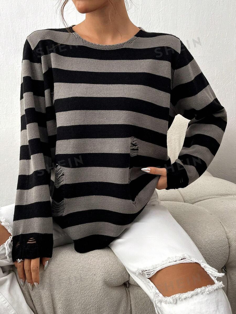 SHEIN Unity Gestreifter Riss-Strick-Pullover Herbst Winter Pullover - Verschiedenfarbig - Übersicht 1