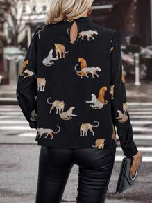 SHEIN Clasi Leopard Print Mock Neck Blouse