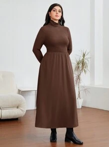 Seusyu Plus Size Solid Color High Collar Long Sleeve Arabic Clothing - Coffee Brown - View 6