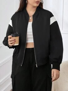 SHEIN Essnce 大码撞色拼接落肩拉链门襟加垫大衣 - 黑色 - 查看 4