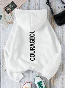 SHEIN EZwear 字母圖案袋鼠口袋抽繩保暖連帽衫 - 白色 - 查看 1