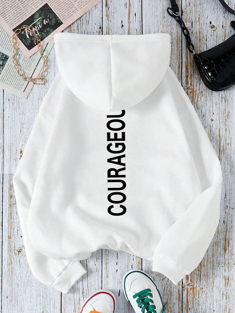 SHEIN EZwear 字母圖案袋鼠口袋抽繩保暖連帽衫 - 白色 - 查看 1