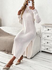 SHEIN Clasi Turtleneck Drop Shoulder Split Thigh Sweater Dress Without Belt Fall Cloth For Women - Apricot - View 6