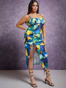 Hauture Robe Fendue À Cordon De Serrage Et Imprimé Géométrique Plus