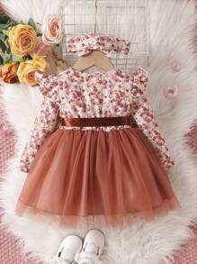 Baby Girl Ditsy Floral Print Ruffle Trim Mesh Hem Dress & Headband - Multicolor - View 2