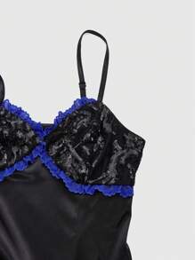 ROMWE PUNK 1pc Contrast Lace Frill Trim Sequin Mesh Panel Cami Dress - Black - View 3