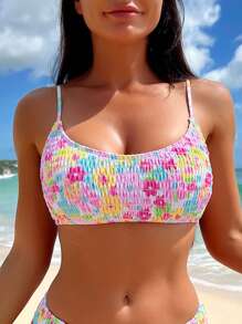 Swim Mod Summer Beach Floral Print Smocked Bikini Top - Multicolor - View 4