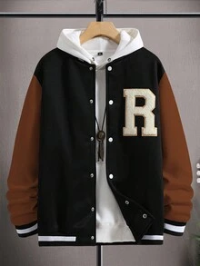 Aesthetic Post Áo khoác bóng chày nam dáng rộng phối màu với họa tiết chữ thêu. - màu nâu - Xem 2