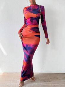 Rafferiza Vestido ajustado con cuello de tortuga, fruncido en los laterales, con estampado tie-dye, para Año Nuevo, vestimenta de mujer, vestido largo, ropa de otoño para mujer - Rojo - Ver 5