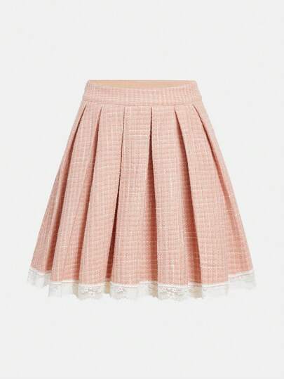 Kawaii Plaid Print Lace Trim Pleated Skirt