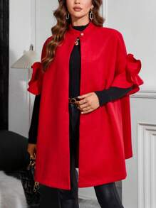 SHEIN Clasi Ruffle Trim Batwing Sleeve Open Front Overcoat - Red - View 3