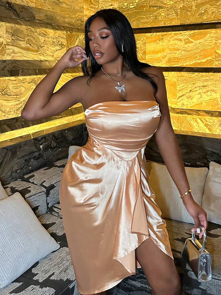 Ruffle Trim Wrap Hem Satin Tube Dress