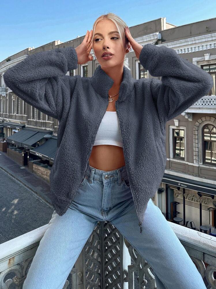 EURMUSE Chaqueta Con Cremallera Y Hombros Caídos Para Mujer - Gris Oscuro - Ver 3