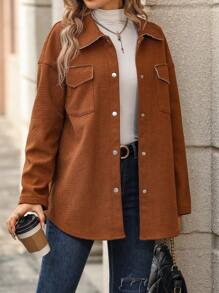 SHEIN LUNE Áo khoác lót bông có túi có nắp thả vai - màu nâu - Xem 3