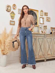 SHEIN LUNE High Waist Raw Hem Flare Leg Jeans