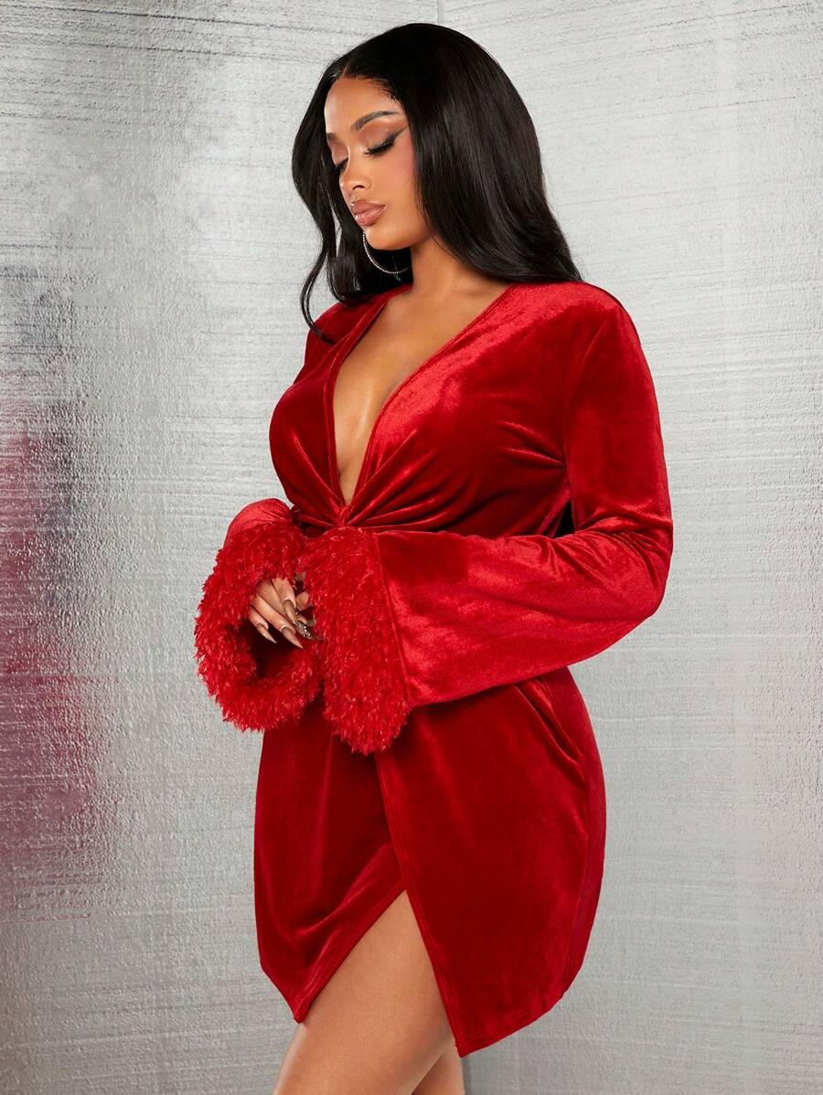 SHEIN SXY Của phụ nữ Lông vũ Cắt tỉa Tay áo chuông Gợi cảm Đỏ  Nhung Đầm - Đỏ - Xem 1