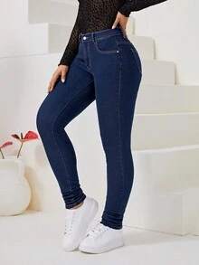 SHEIN Privé 斜口袋緊身牛仔褲 - 深色水洗藍 - 查看 3