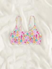 Swim Mod Summer Beach Floral Print Smocked Bikini Top - Multicolor - View 5