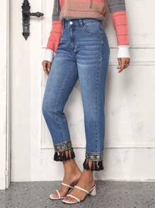 SHEIN LUNE 流蘇下擺錐形牛仔褲 - 藍色 - 查看 3