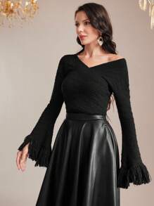 Modelyn Jersey ribete con fleco de manga amplia cruzado - Negro - Ver 6