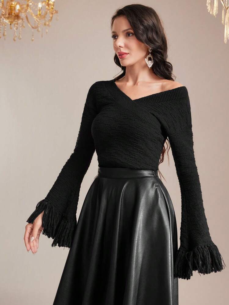 Fringe Trim Flare Sleeve Wrap Sweater