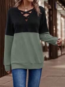 SHEIN LUNE Hai âm Crisscross Thả vai Áo nỉ - Nhiều màu - Xem 4